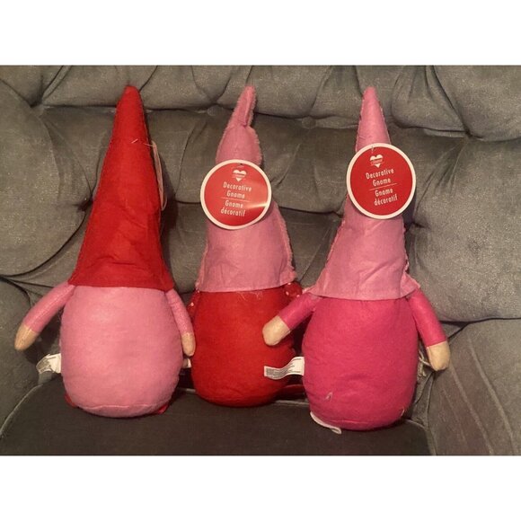 3 Gnome Plush Valentines Day Decorative Hearts 13" Pink Red Seasonal Col… - Picture 2 of 8